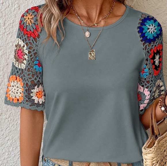 Crochet Patchwork Colorful Granny Square Open Knit Top Short Sleeve Boho Shirt - Picture 2 of 11